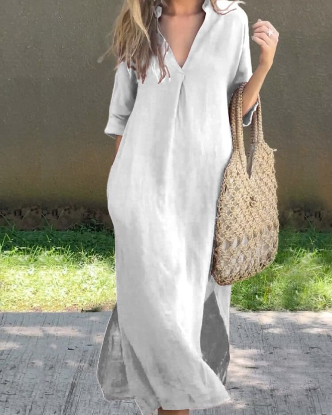 Dames Luchtige Maxi-Jurk Met V-Hals En Halflange Mouwen – Lente, Zomer En Vroege Herfst