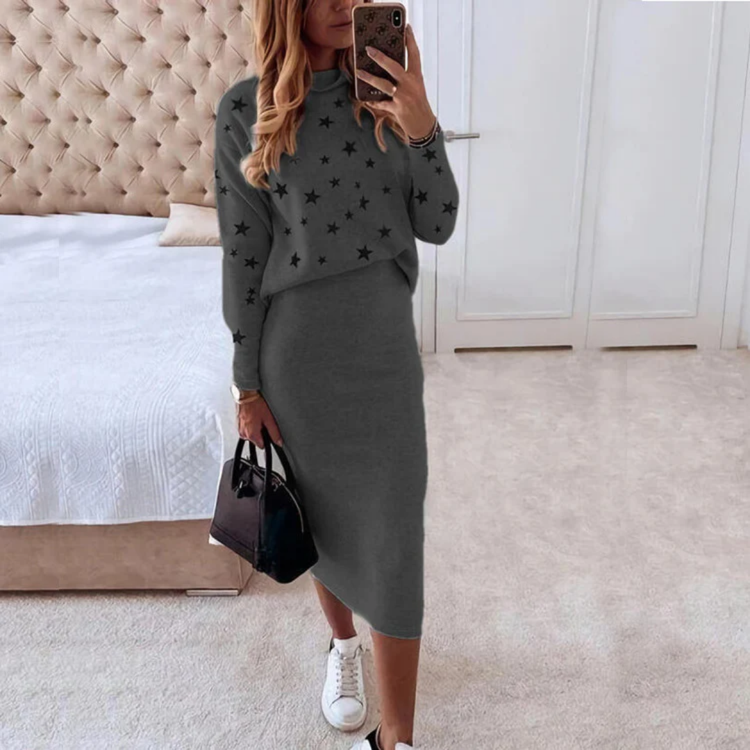 Comfortabele Dames Set Met Sterrenprint – Gebreide Top En Rok Voor Een Casual-Chique Look