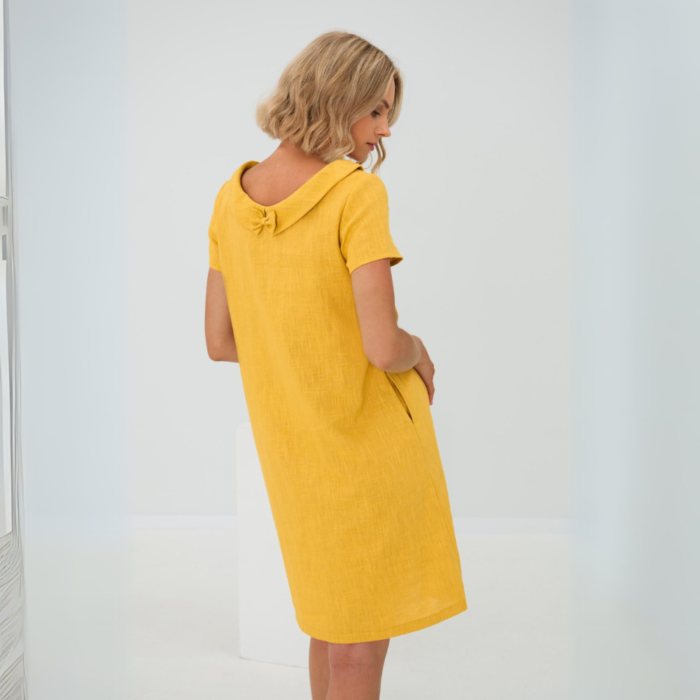 Dames Linnenlook Jurk Met Korte Mouwen En Brede Kraag – Lente, Zomer