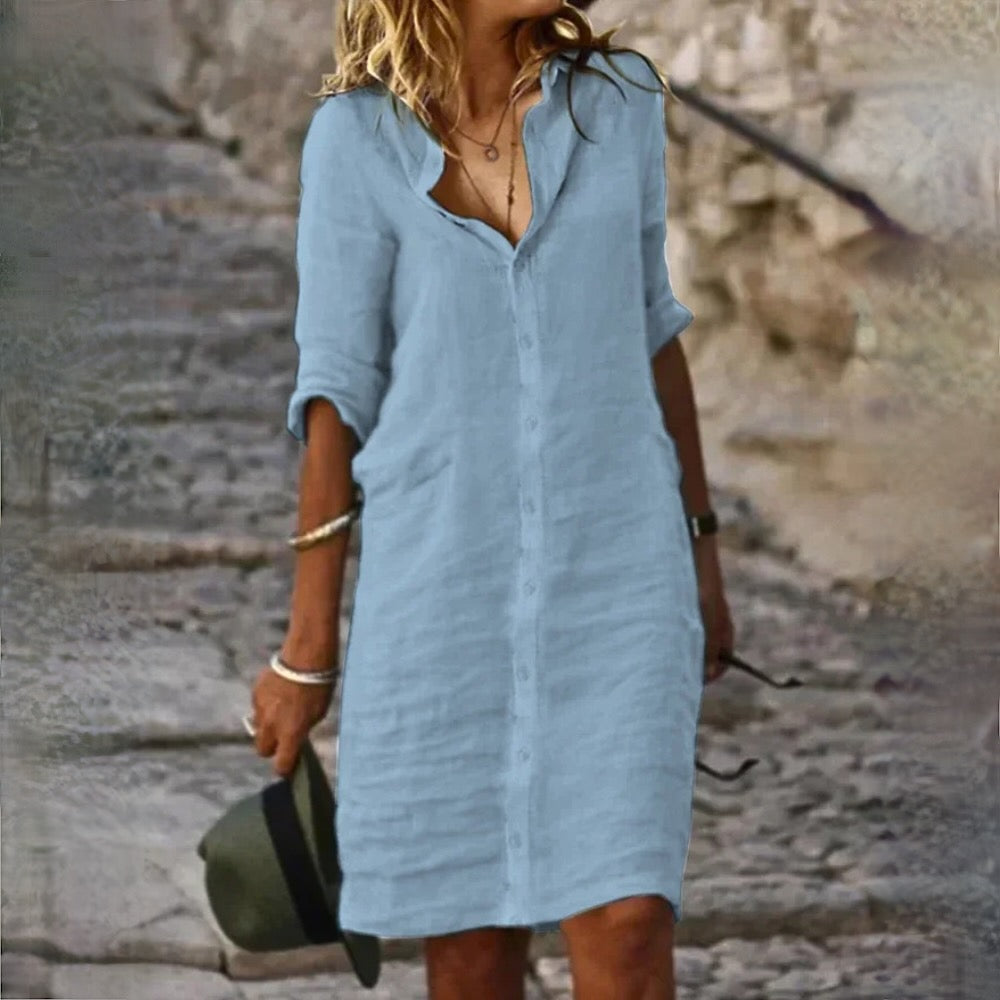 Dames Overhemdjurk Van Linnenlook Met Knoopsluiting – Lente, Zomer En Nazomer