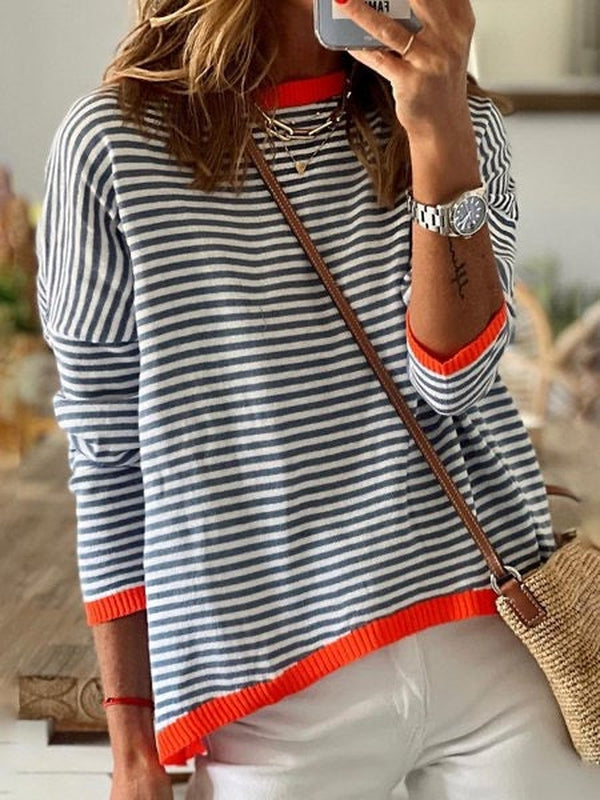 Dames Gestreepte Trui Met Oranje Accenten – Comfortabel, Stijlvol & Perfect Voor Lente, Zomer En Herfst