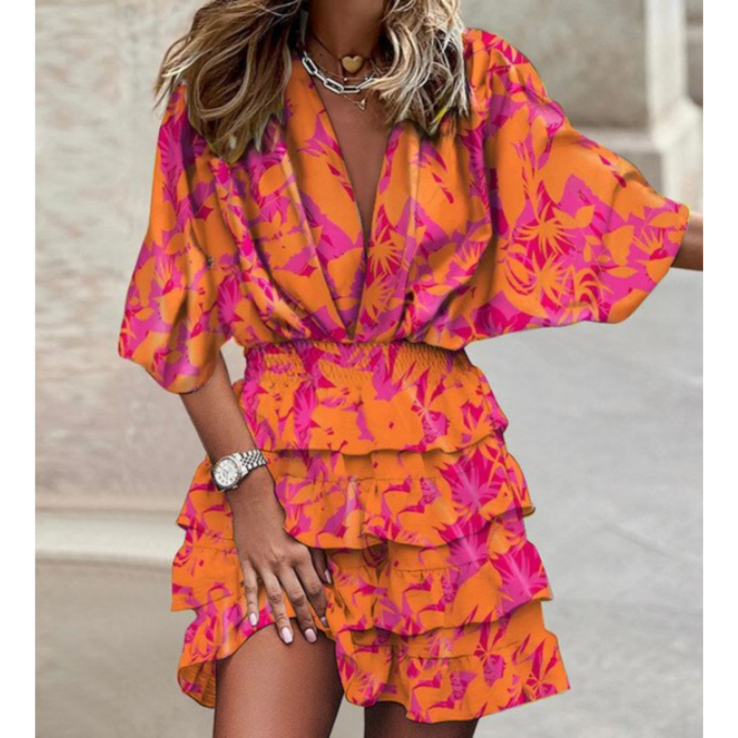 Luxe Dames Set Met Tropisch Dessin – Elegante Co-Ord Met Ruffles En Diepe V-Hals