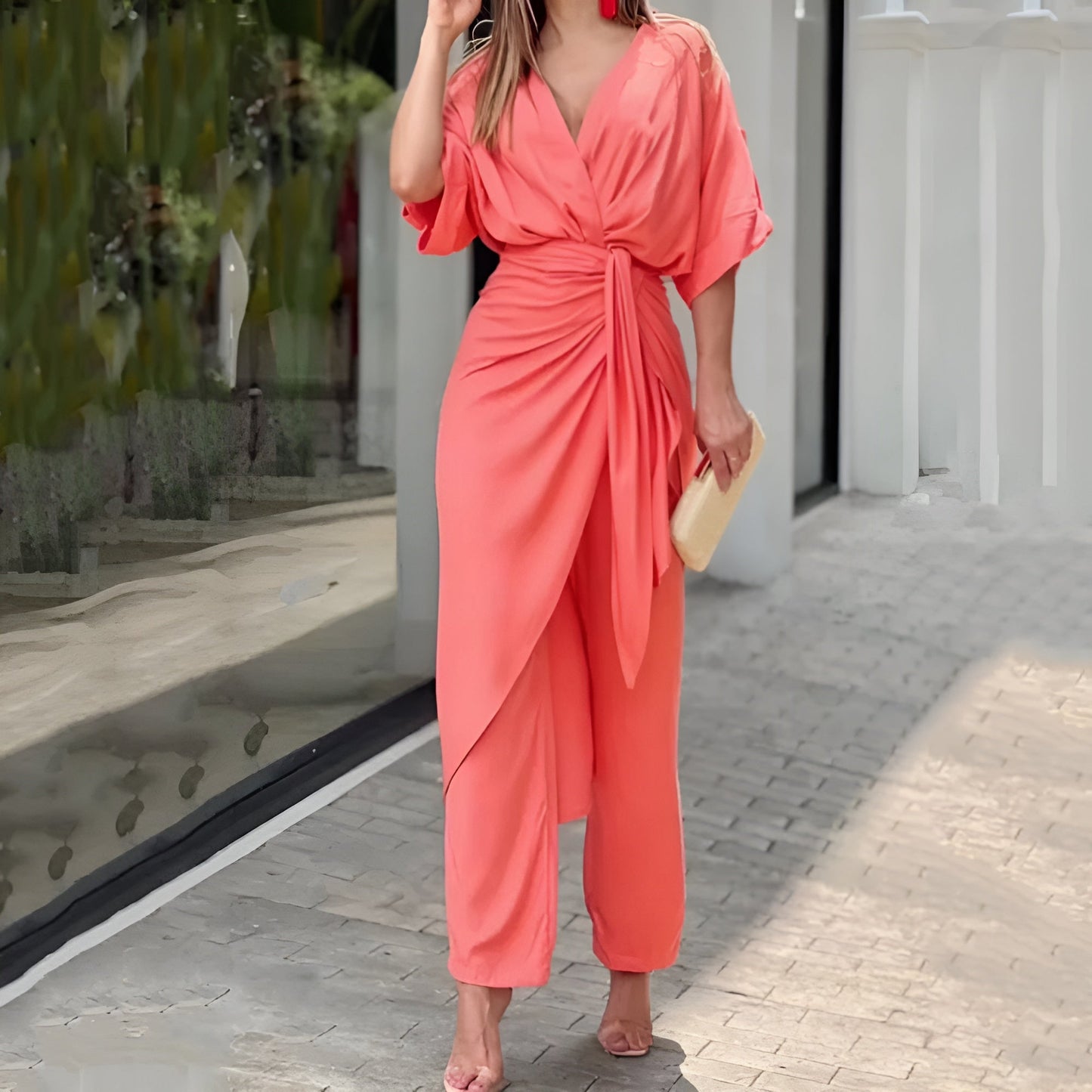 Chique Dames Two-Piece Set Met Wikkeltop En Wijde Broek – Elegant En Comfortabel