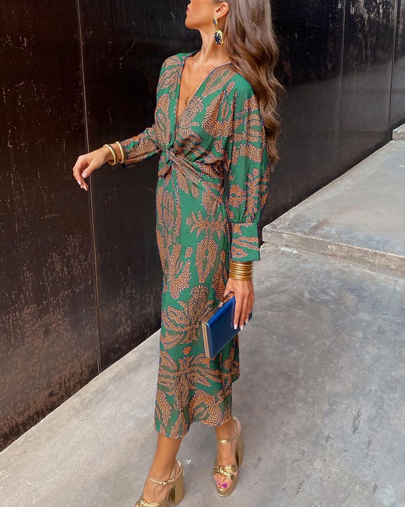 Dames Midi-Jurk Met Twistdetail En Grafisch Patroon – Lente, Zomer En Avondgelegenheden