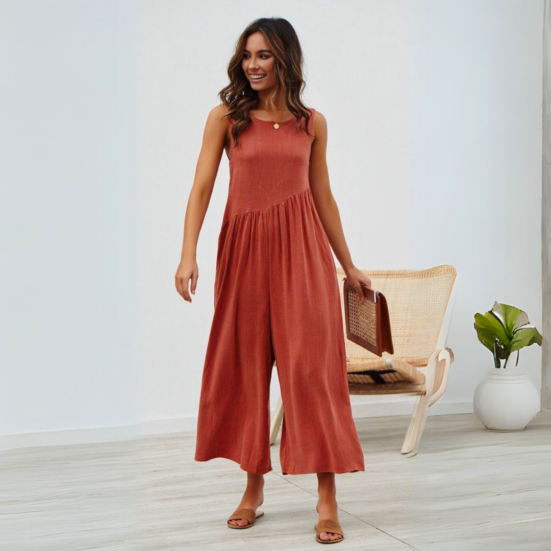 Mouwloze Midi Jumpsuit Met Wijde Pijpen En Zakken – Luchtig En Stijlvol Zomerstuk