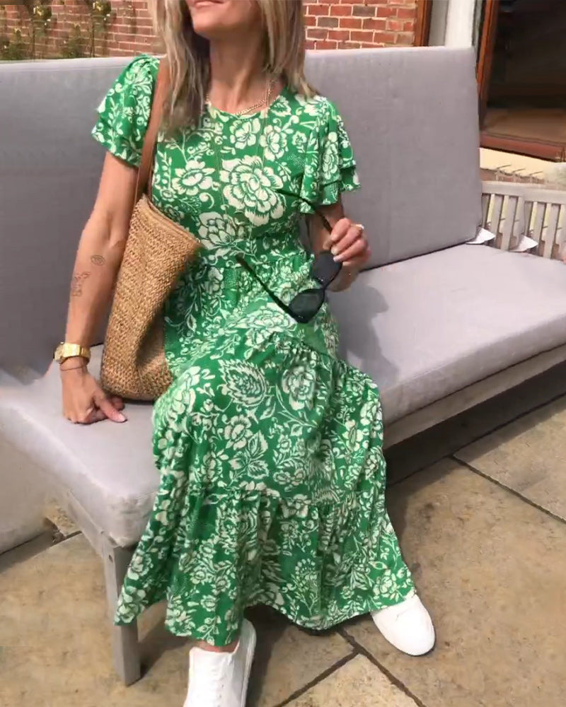 Dames Midi-Jurk Met Bloemenprint En Korte Mouwen – Lente, Zomer