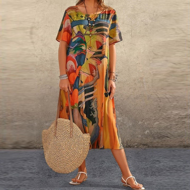 Kleurrijke Dames Zomerjurk Met Print En Korte Mouwen – Luchtig En Comfortabel Voor Elke Dag