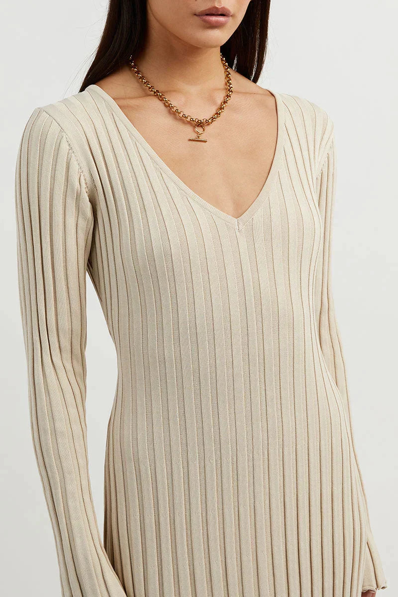 Dames Ribgebreide Maxi-Jurk Met V-Hals En Lange Mouwen – Voorjaar, Zomer En Herfst