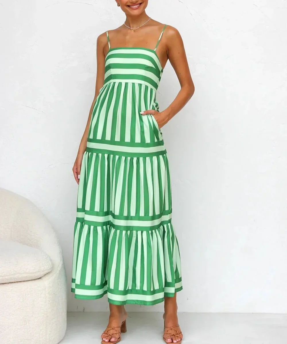 Gestreepte Damesjurk Met Spaghetti Bandjes – Zomerse Midi Dress Met Speelse Flair