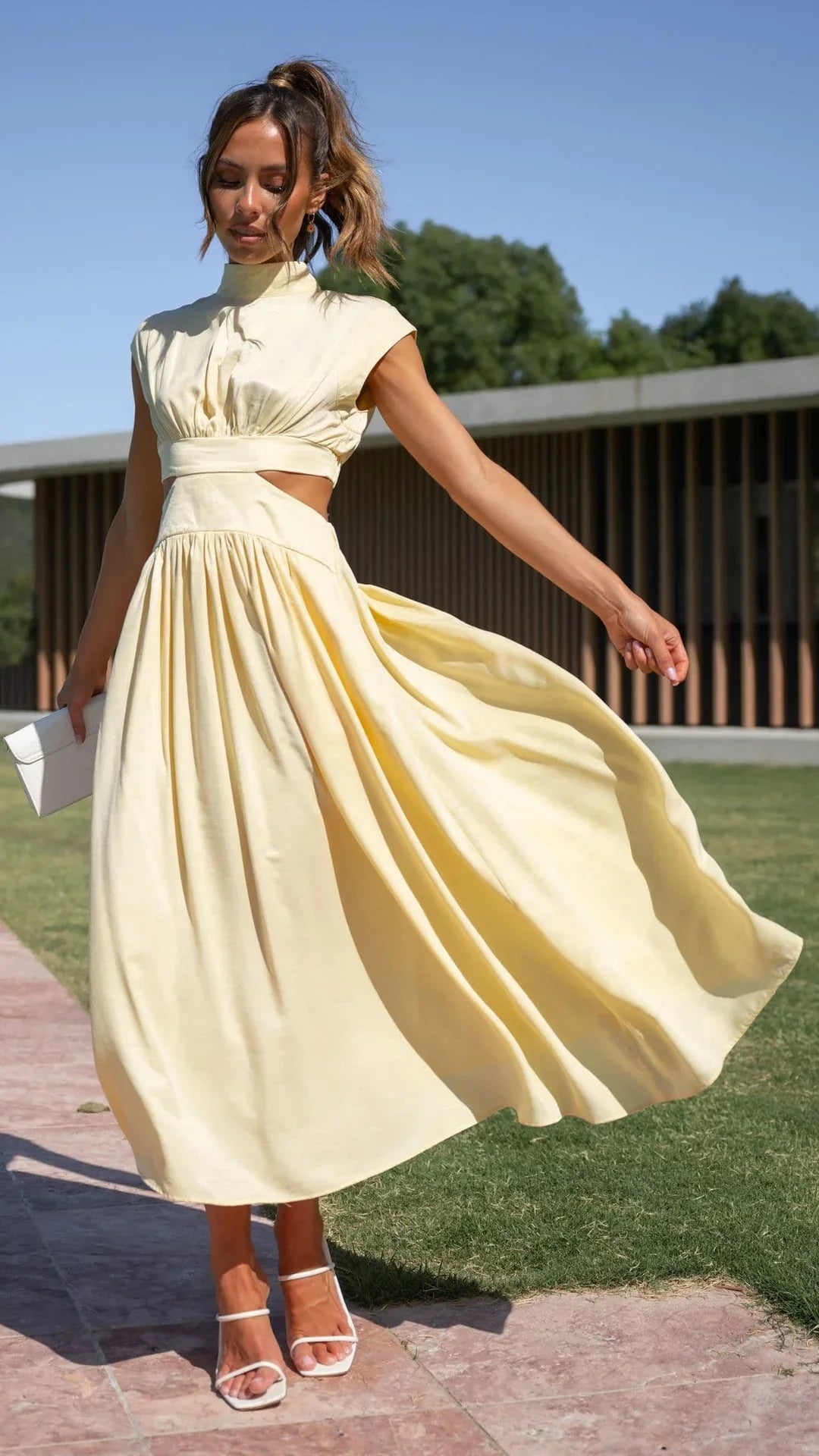 Dames Midi Cut-Out Jurk Met Hoge Hals En Geplooide Details – Lente, Zomer En Herfst
