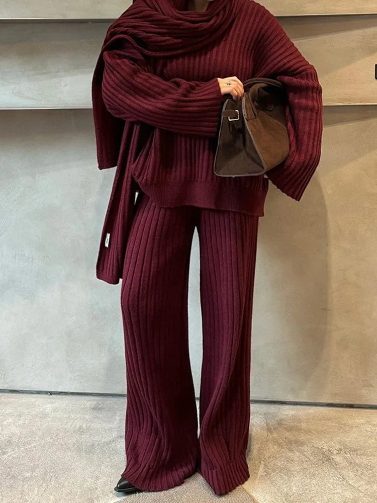 Gebreide Lounge Set Voor Dames – Zachte Ribstructuur, Flared Broek & Inclusief Sjaal – Herfst En Winter