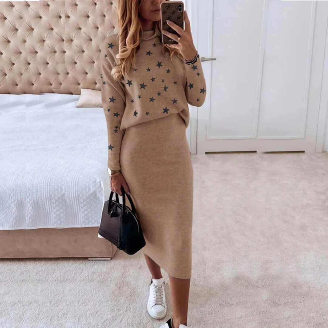 Comfortabele Dames Set Met Sterrenprint – Gebreide Top En Rok Voor Een Casual-Chique Look