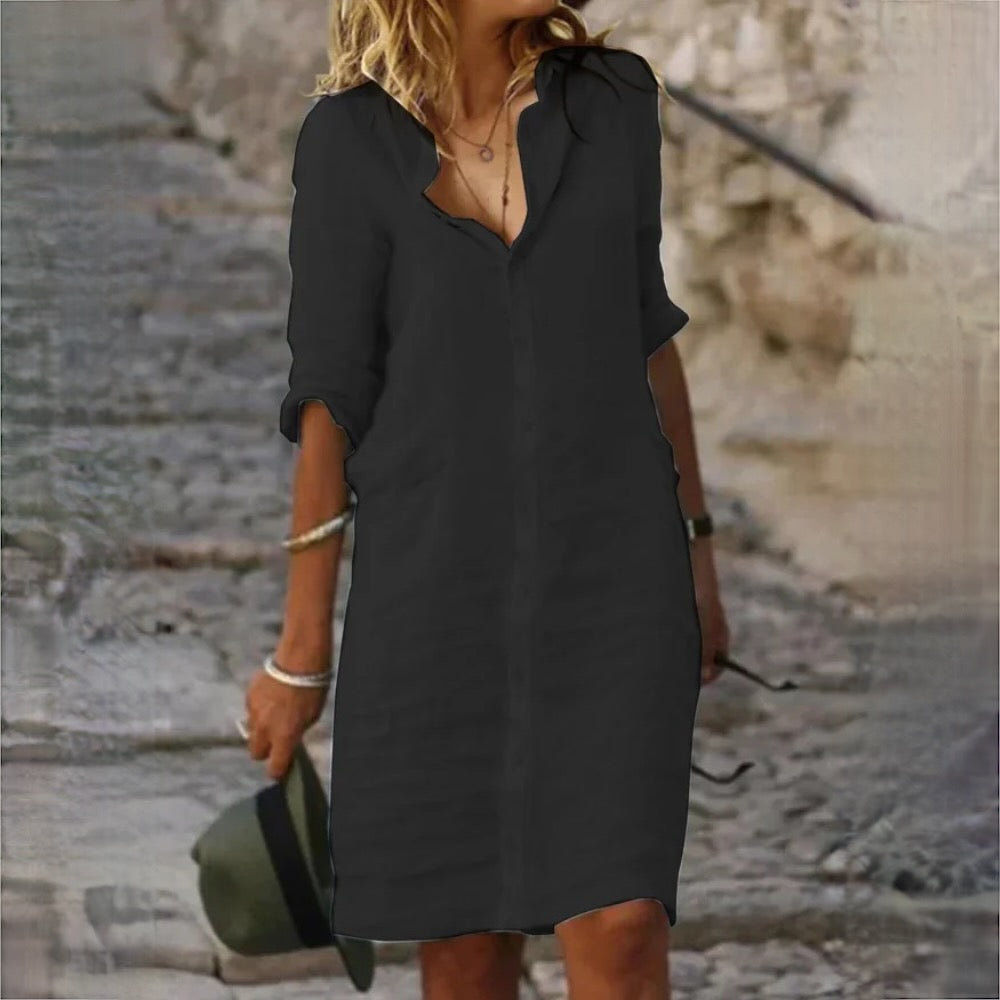 Dames Overhemdjurk Van Linnenlook Met Knoopsluiting – Lente, Zomer En Nazomer