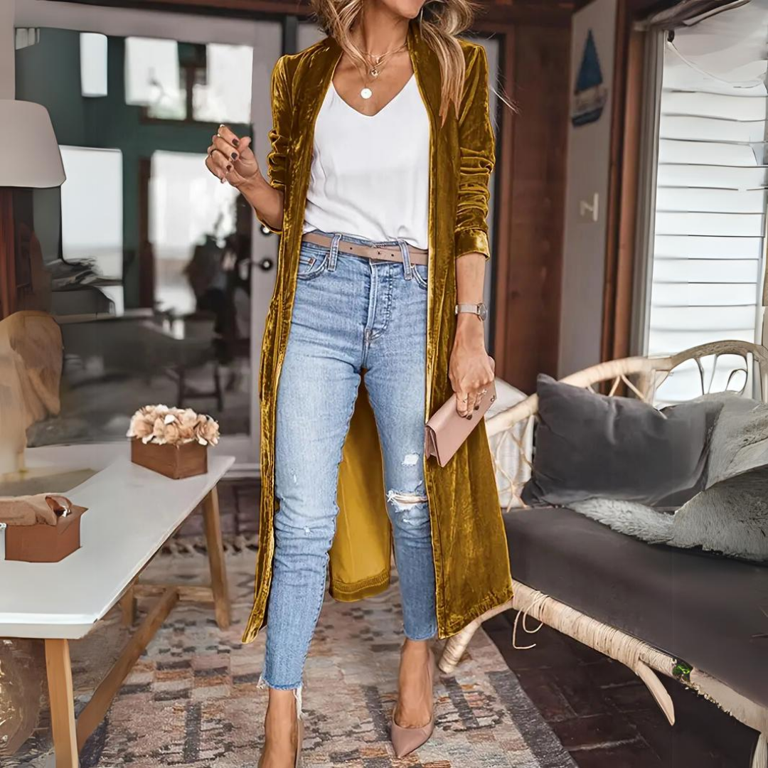 Lang Fluweel-Look Open Jasje – Chique Flair Met Een Casual Twist