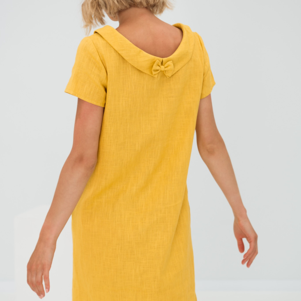 Dames Linnenlook Jurk Met Korte Mouwen En Brede Kraag – Lente, Zomer