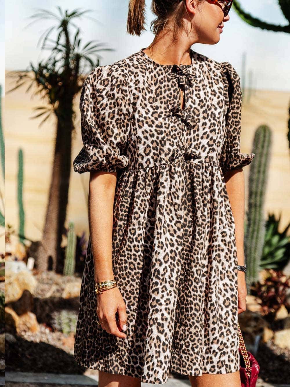 Dames Panterprint Jurk Met Pofmouwen En Strikdetails – Lente, Zomer En Vroege Herfst