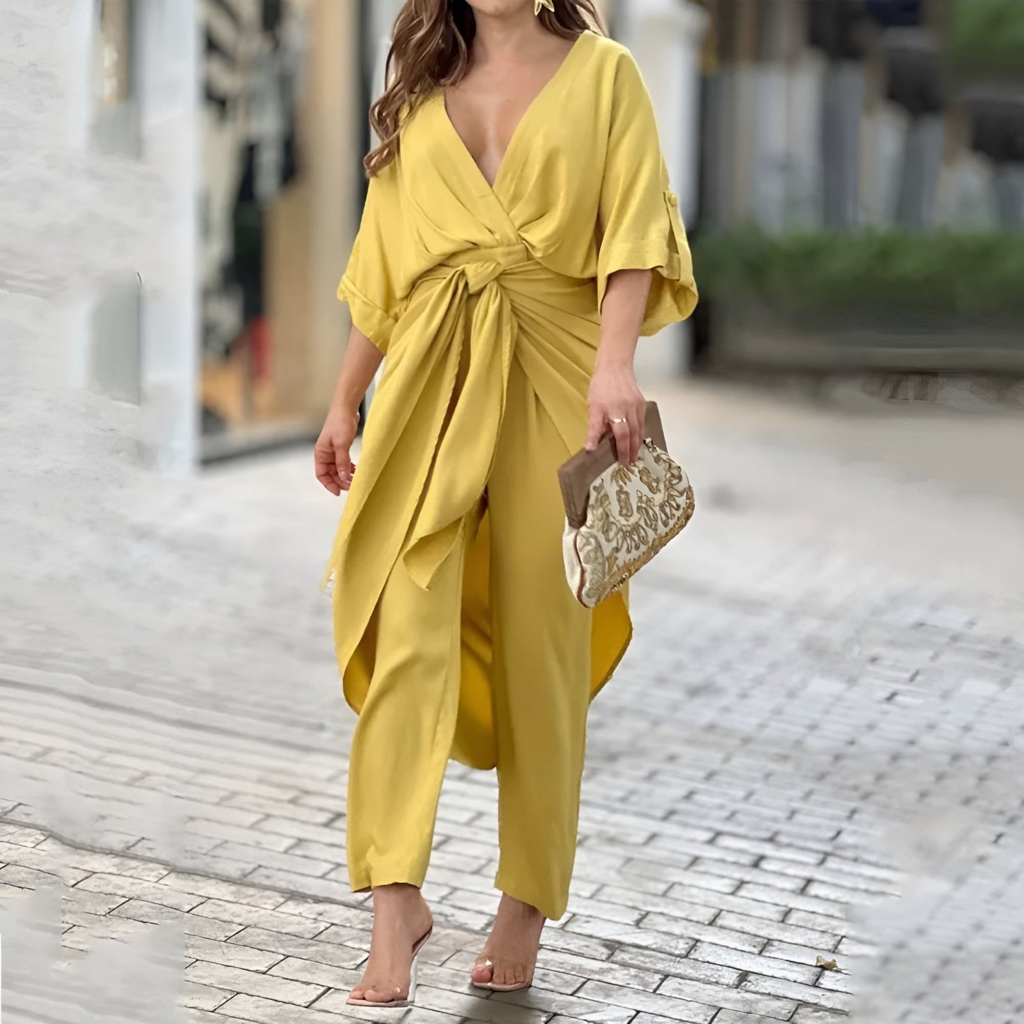 Chique Dames Two-Piece Set Met Wikkeltop En Wijde Broek – Elegant En Comfortabel