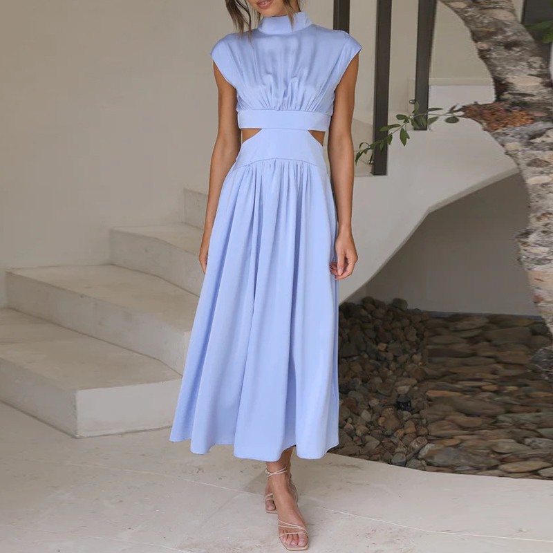 Dames Midi Cut-Out Jurk Met Hoge Hals En Geplooide Details – Lente, Zomer En Herfst