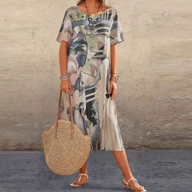 Kleurrijke Dames Zomerjurk Met Print En Korte Mouwen – Luchtig En Comfortabel Voor Elke Dag