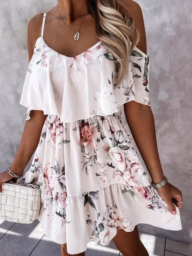 Zomerse Off-Shoulder Jurk Met Bloemendessin En Speelse Ruches