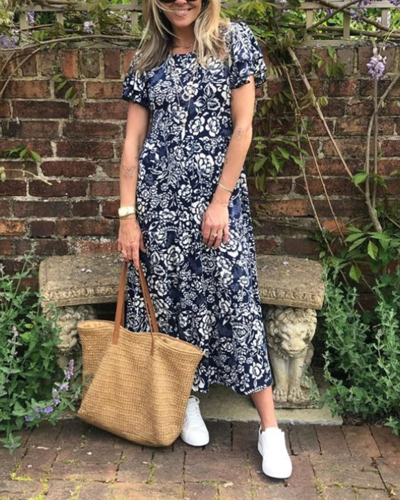 Dames Midi-Jurk Met Bloemenprint En Korte Mouwen – Lente, Zomer