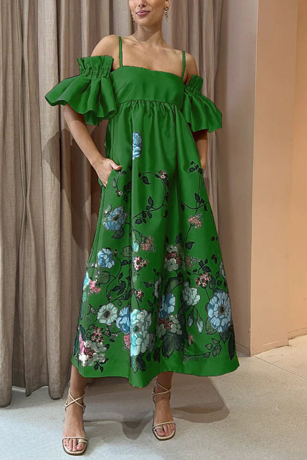 Dames Off-Shoulder Bloemenjurk Met Volantmouwen En A-Lijn Pasvorm – Voor Lente, Zomer En Herfst