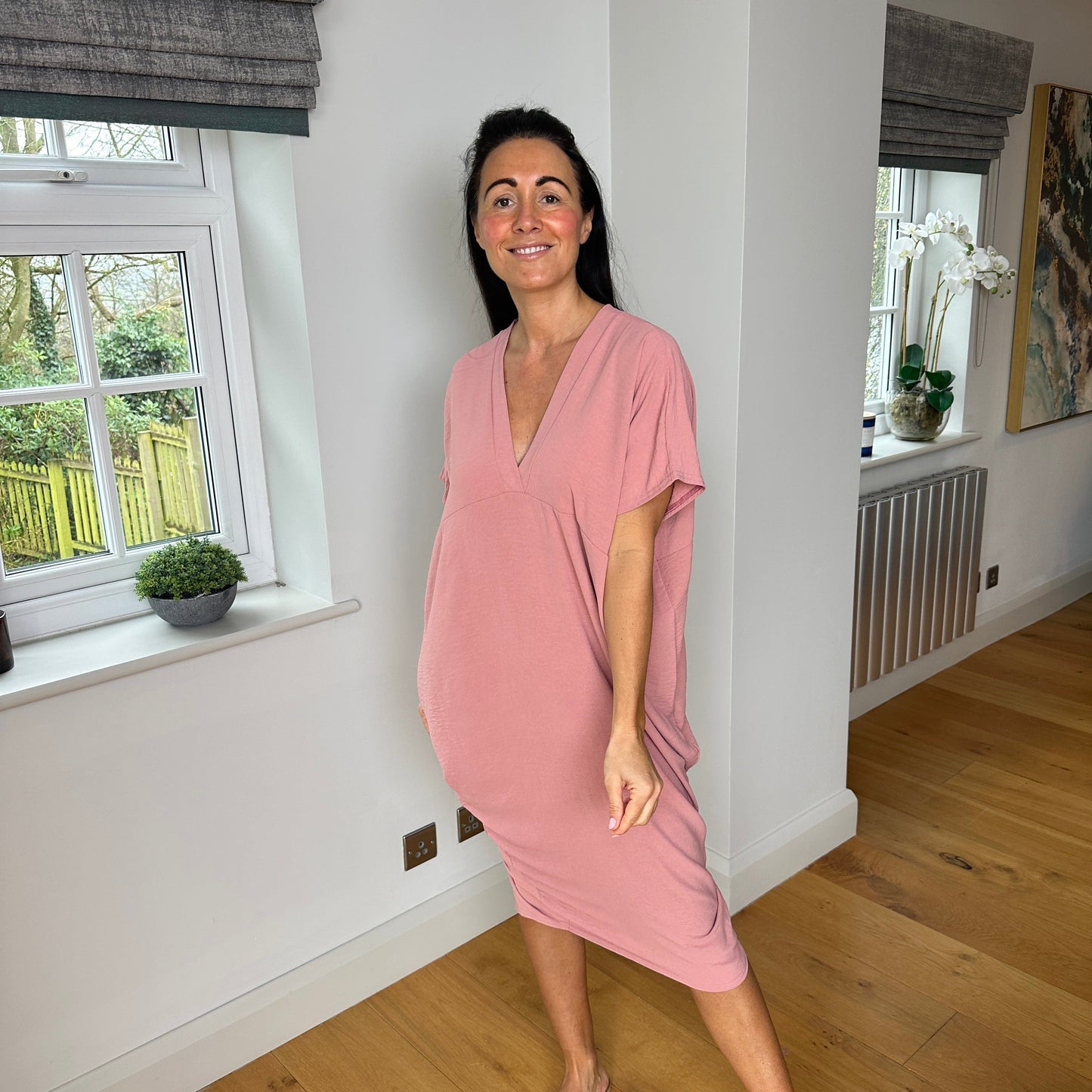 Dames Losvallende Midi-Jurk Met V-Hals En Korte Mouwen – Lente, Zomer En Casual Momenten
