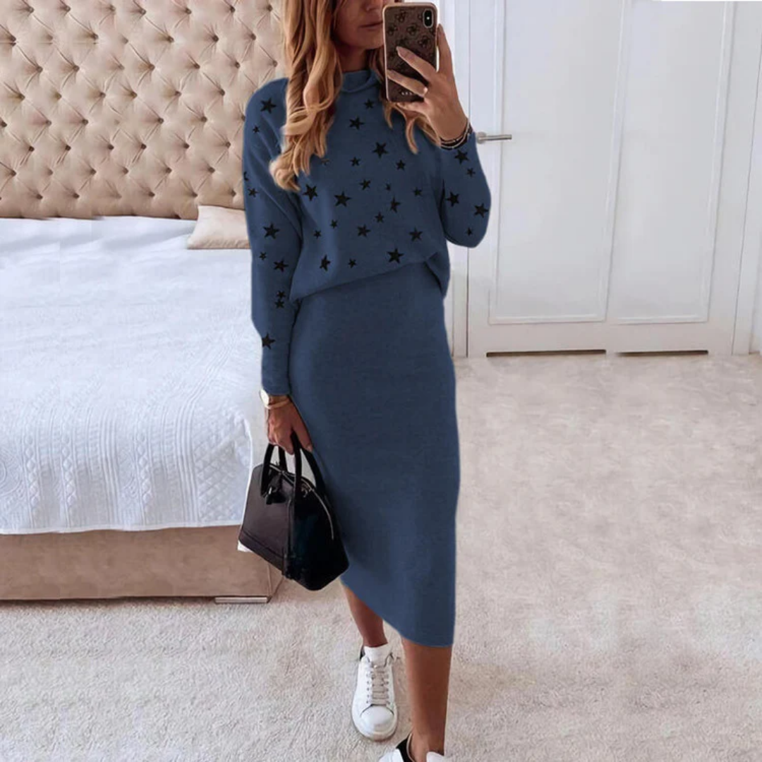 Comfortabele Dames Set Met Sterrenprint – Gebreide Top En Rok Voor Een Casual-Chique Look