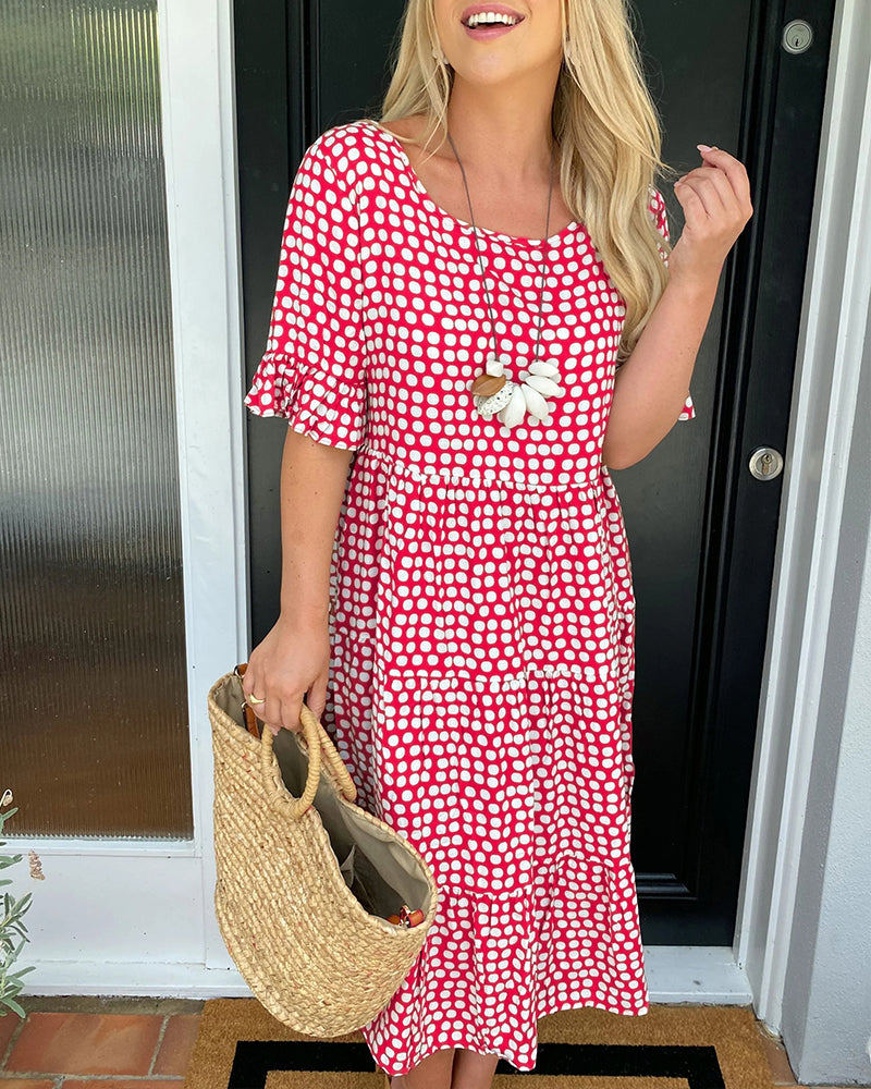 Dames Midi-Jurk Met Stippenprint En Ruches – Lente, Zomer En Vroege Herfst