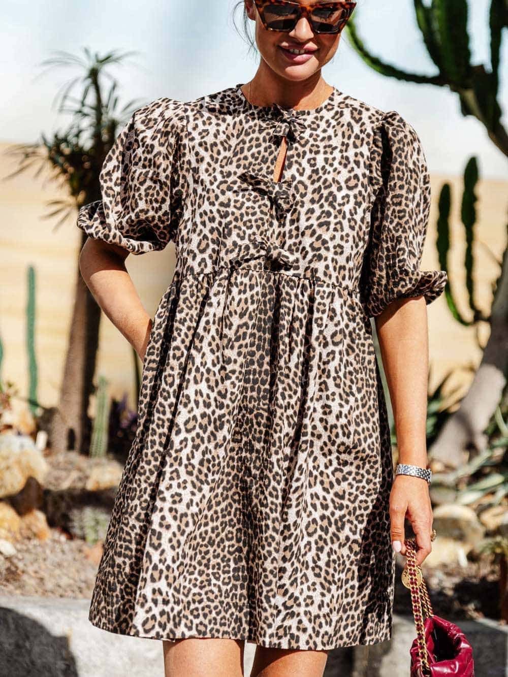 Dames Panterprint Jurk Met Pofmouwen En Strikdetails – Lente, Zomer En Vroege Herfst