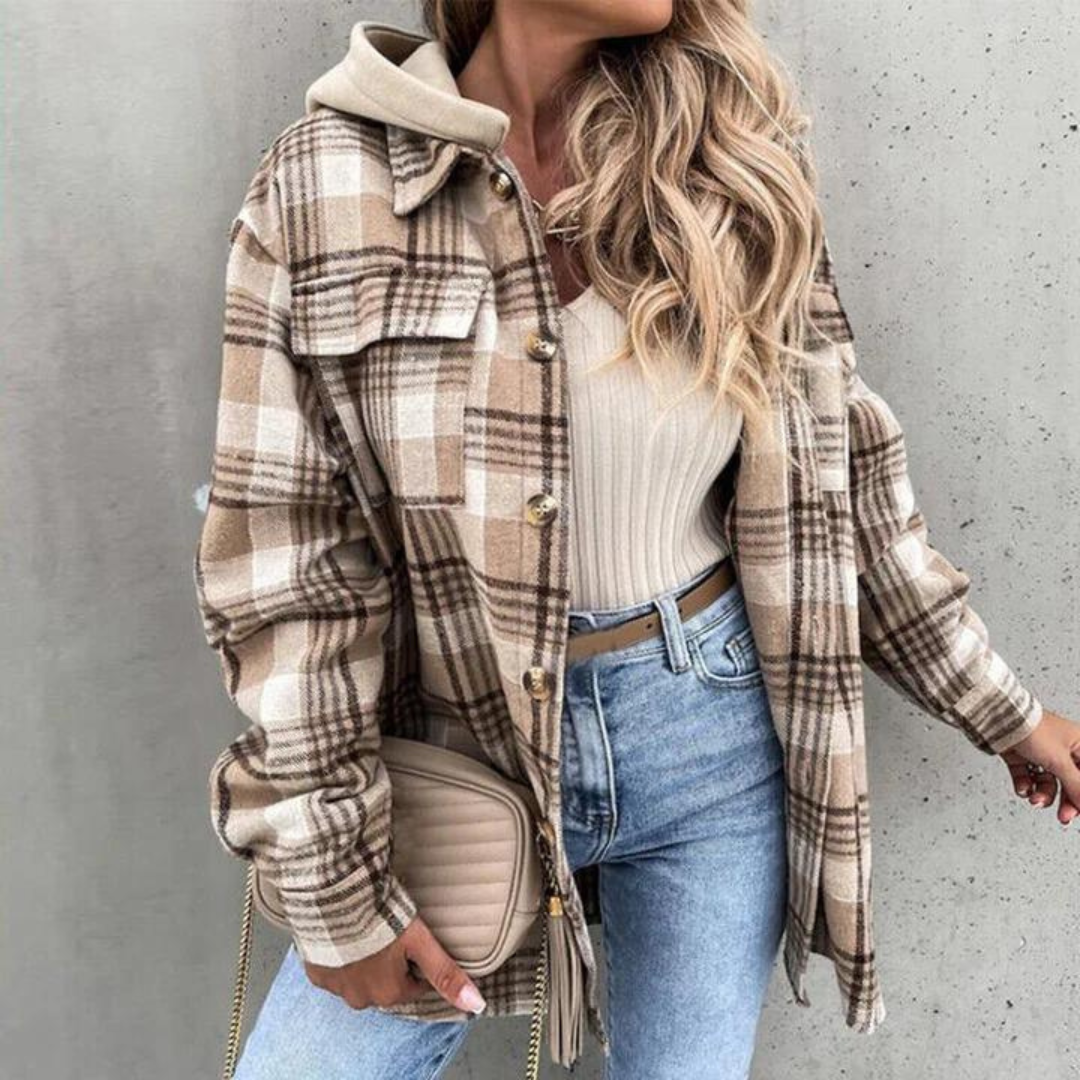 Geruite Jas Met Capuchon En Knoopsluiting – Casual Dames Tussenjas Voor Herfst & Lente