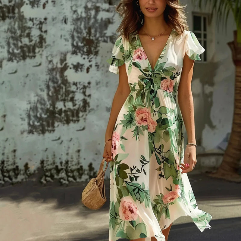 Dames Bloemenjurk Met V-Hals, Vlindermouwen En Taillelint – Lente, Zomer En Bruiloftseizoen