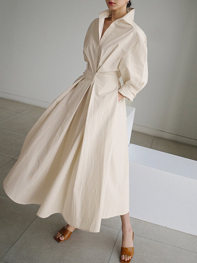 Stijlvolle Maxi Jurk Voor Dames – Effen Kleur, Praktische Zakken & Elegante Revers Met Knopen Voor Een Tijdloze Look Op Elke Gelegenheid.