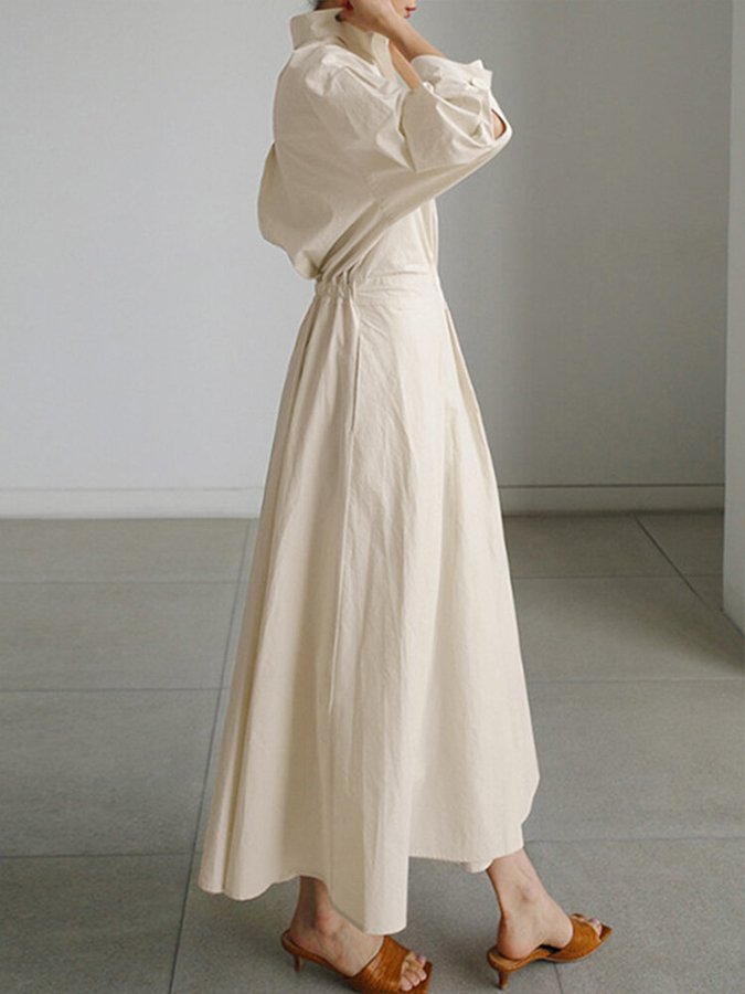 Stijlvolle Maxi Jurk Voor Dames – Effen Kleur, Praktische Zakken & Elegante Revers Met Knopen Voor Een Tijdloze Look Op Elke Gelegenheid.