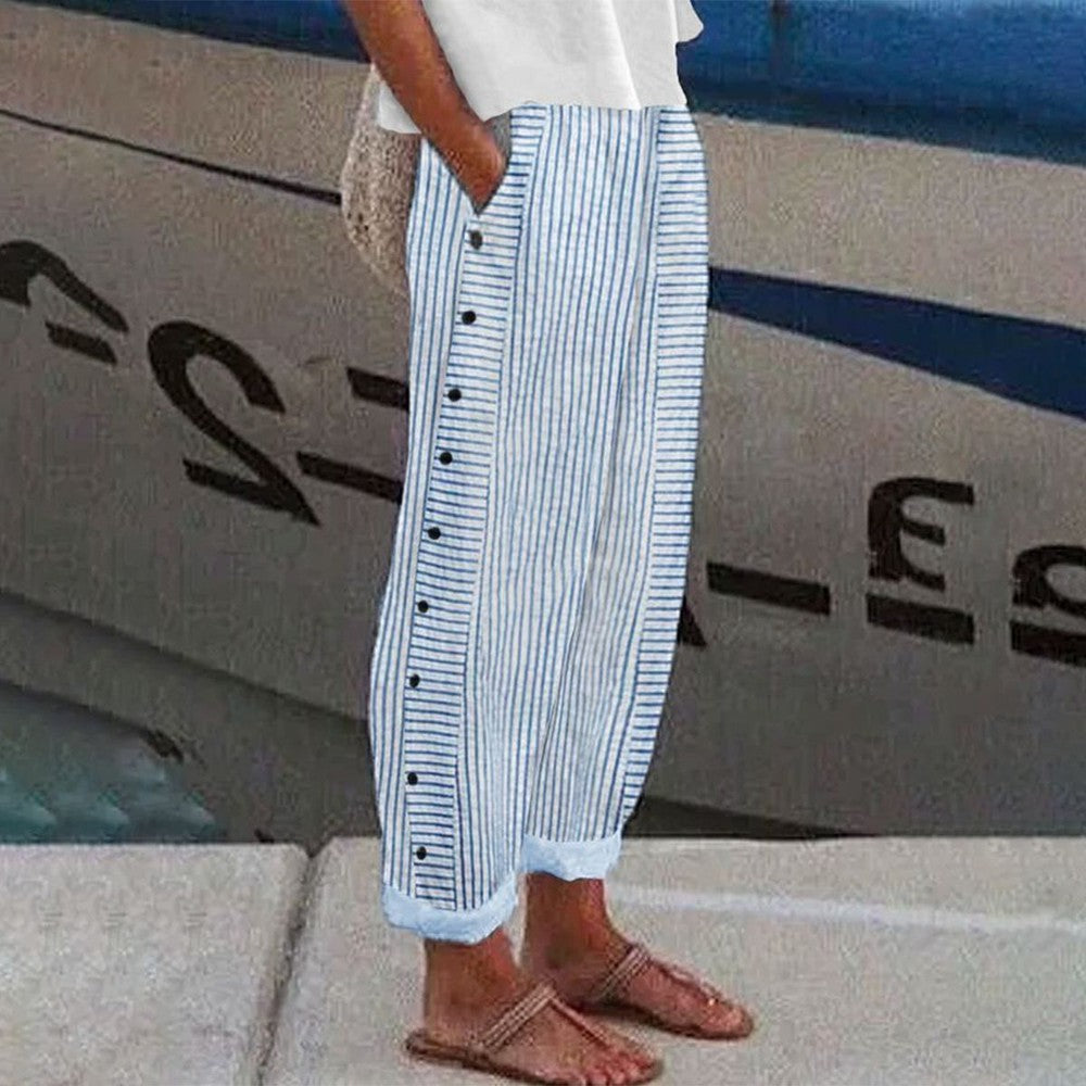 Zomerse Damesbroek – Luchtige Linnenlook Met Knoopdetail En Strepen