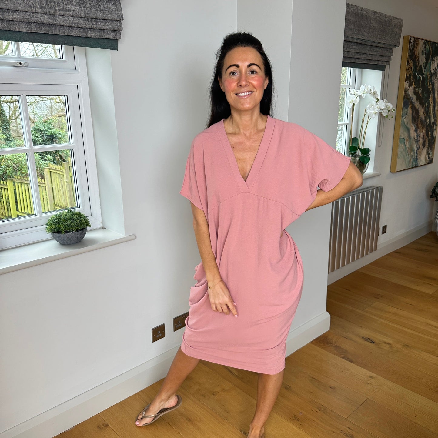 Dames Losvallende Midi-Jurk Met V-Hals En Korte Mouwen – Lente, Zomer En Casual Momenten