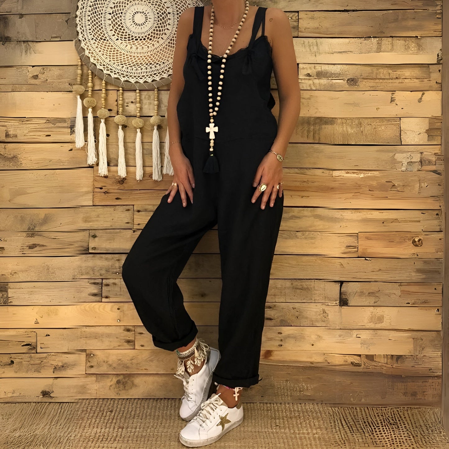 Casual Zwarte Dames Jumpsuit Met Strikbandjes – Comfortabel En Stijlvol Voor Elke Dag