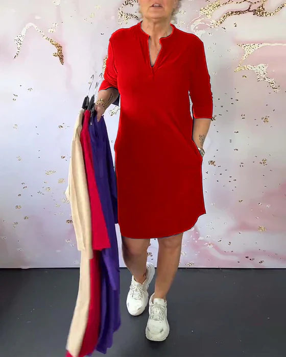 Comfortabele Dames Jurk Met Opstaande Kraag En 3/4 Mouwen – Perfect Voor Elke Dag In Lente, Zomer En Herfst