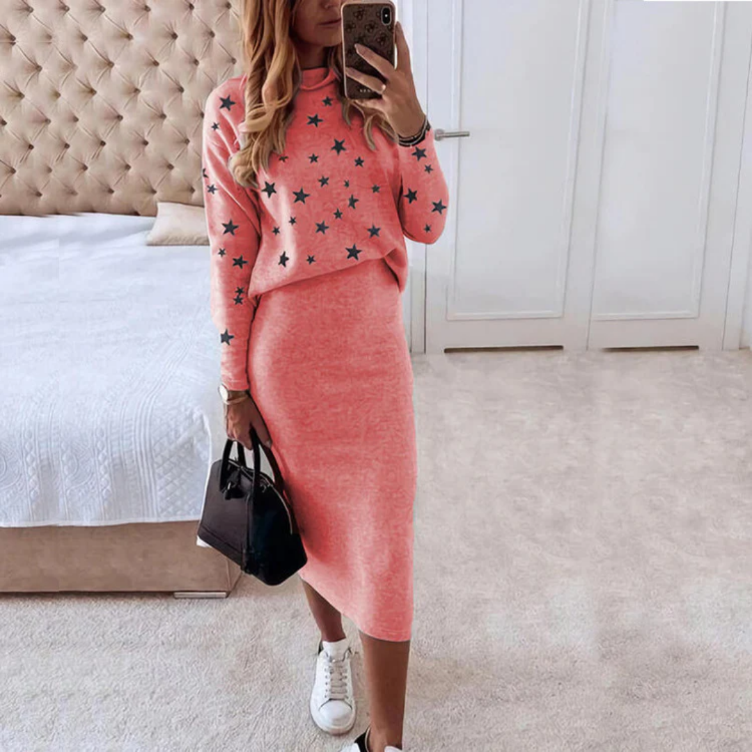 Comfortabele Dames Set Met Sterrenprint – Gebreide Top En Rok Voor Een Casual-Chique Look