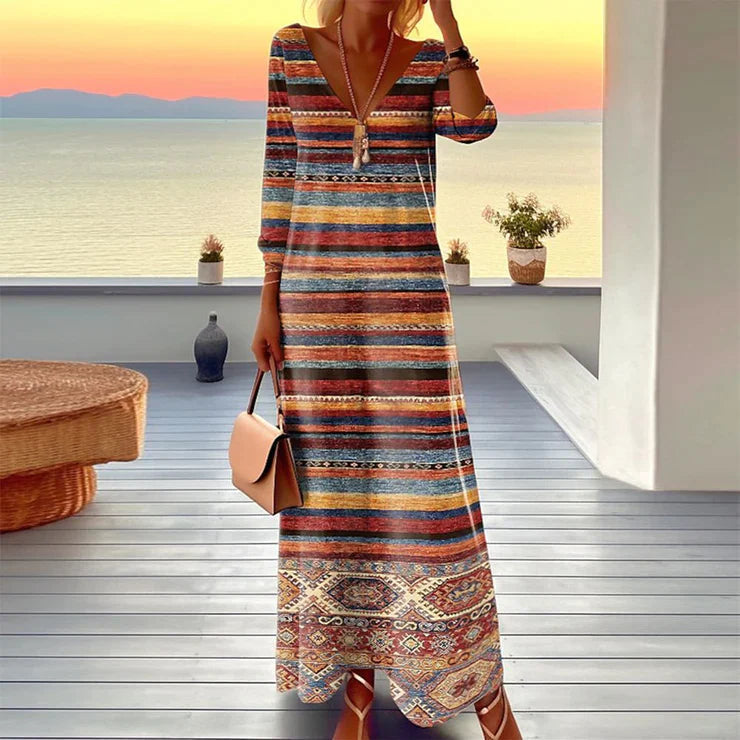 Maxi-Jurk Met Etnisch Streeppatroon – Bohemian Chic Voor Elke Zonsondergang