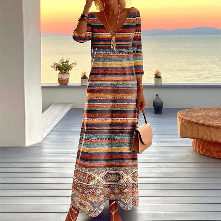 Maxi-Jurk Met Etnisch Streeppatroon – Bohemian Chic Voor Elke Zonsondergang