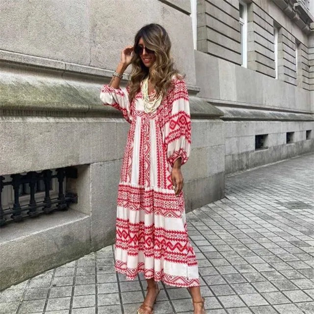 Lange Jurk Met Print En Ballonmouwen – Moeiteloze Elegantie Met Een Vleugje Boho