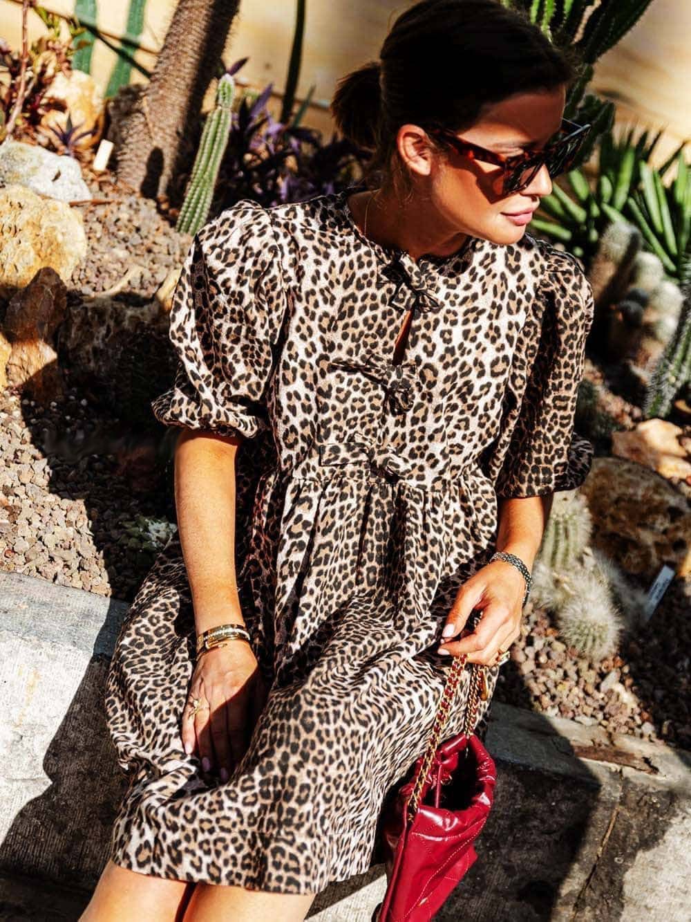 Dames Panterprint Jurk Met Pofmouwen En Strikdetails – Lente, Zomer En Vroege Herfst