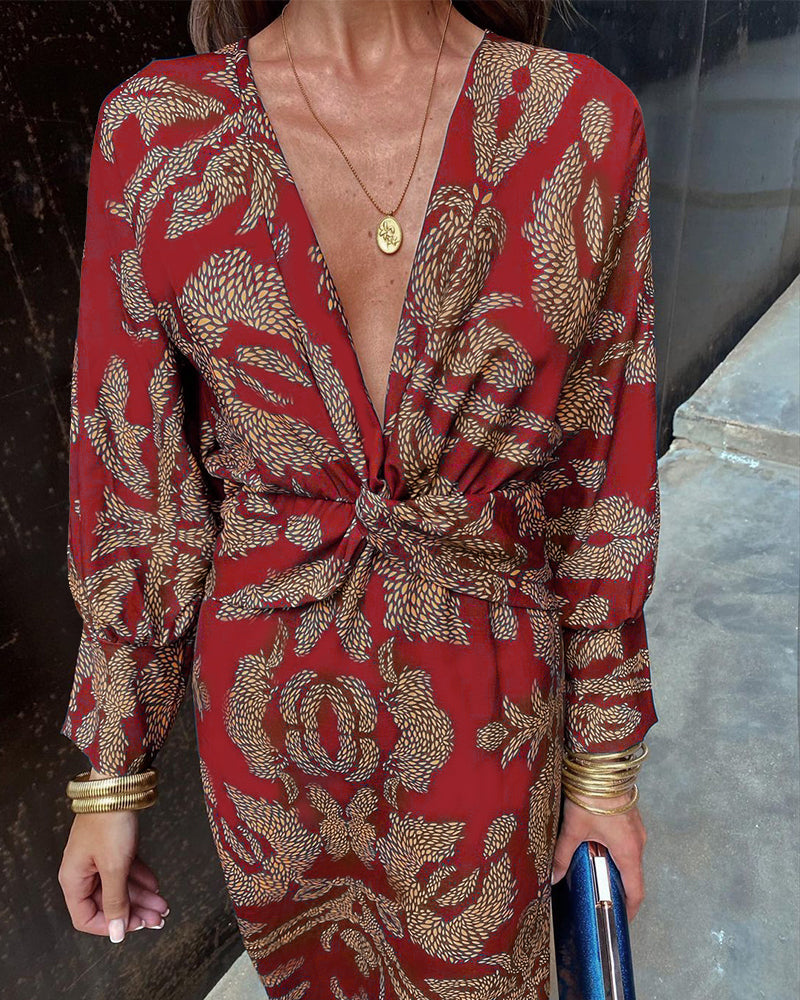 Dames Midi-Jurk Met Twistdetail En Grafisch Patroon – Lente, Zomer En Avondgelegenheden
