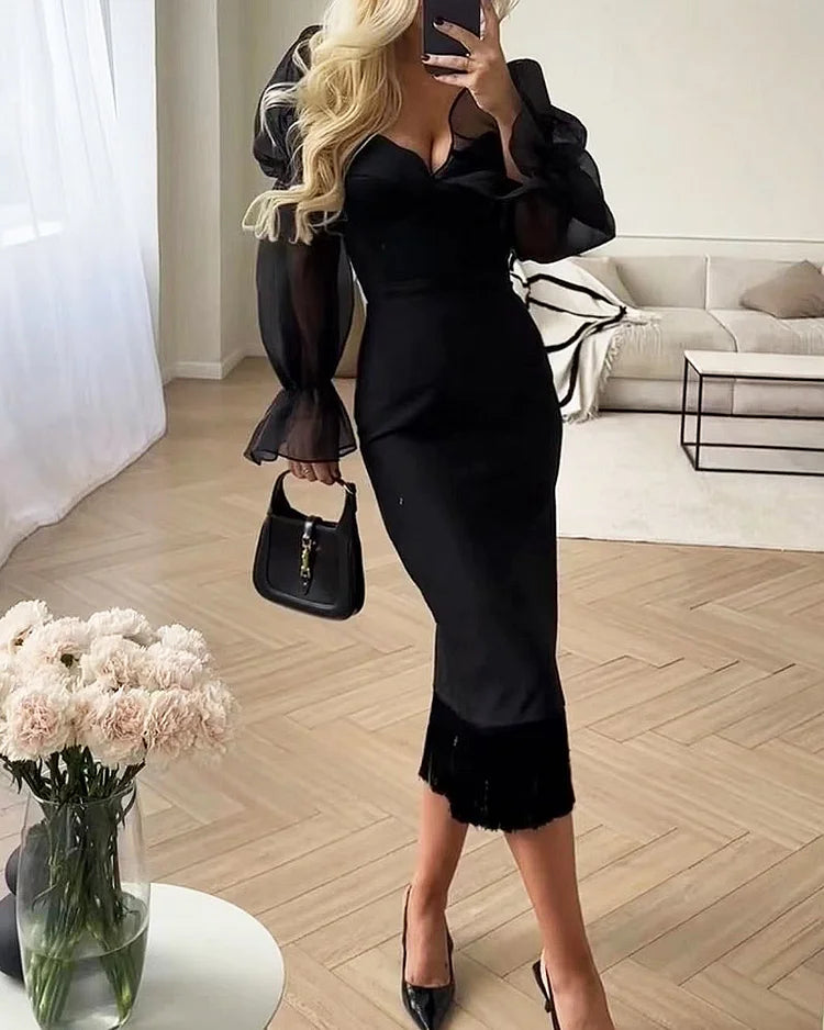 Midi-Jurk Met Sheer Mouwen En Geplooide Zoom – Tijdloos Met Een Dramatische Twist