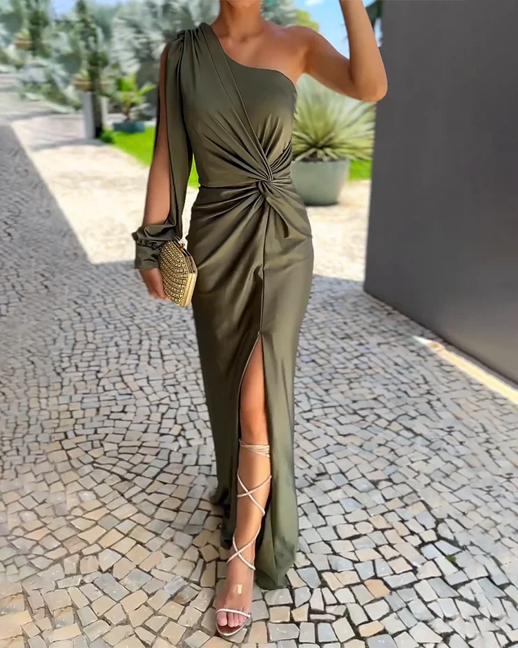 Asymmetrische Damesjurk Met Split En Twistdetail – Elegante Avondjurk Met One-Shoulder Look