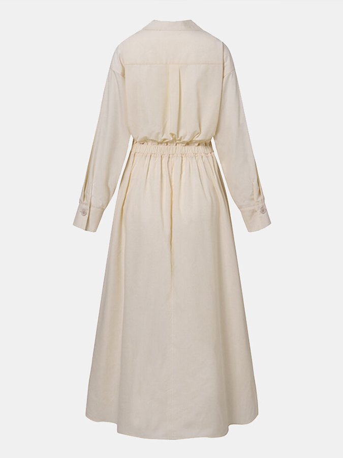 Stijlvolle Maxi Jurk Voor Dames – Effen Kleur, Praktische Zakken & Elegante Revers Met Knopen Voor Een Tijdloze Look Op Elke Gelegenheid.