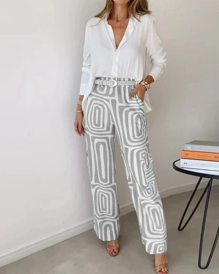 Elegante Dames Set Met Grafische Broek En Blouse – Stijlvol En Comfortabel Statement