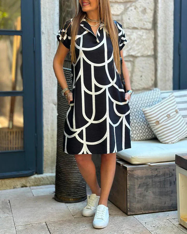 Dames Overhemdjurk Met Grafische Print En Korte Mouwen – Lente, Zomer En Nazomer