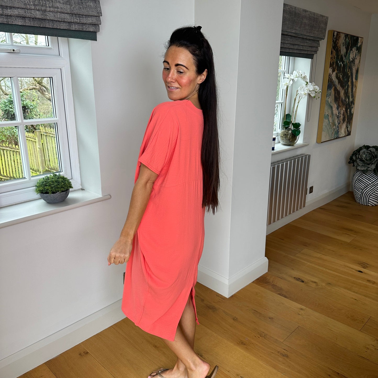 Dames Losvallende Midi-Jurk Met V-Hals En Korte Mouwen – Lente, Zomer En Casual Momenten